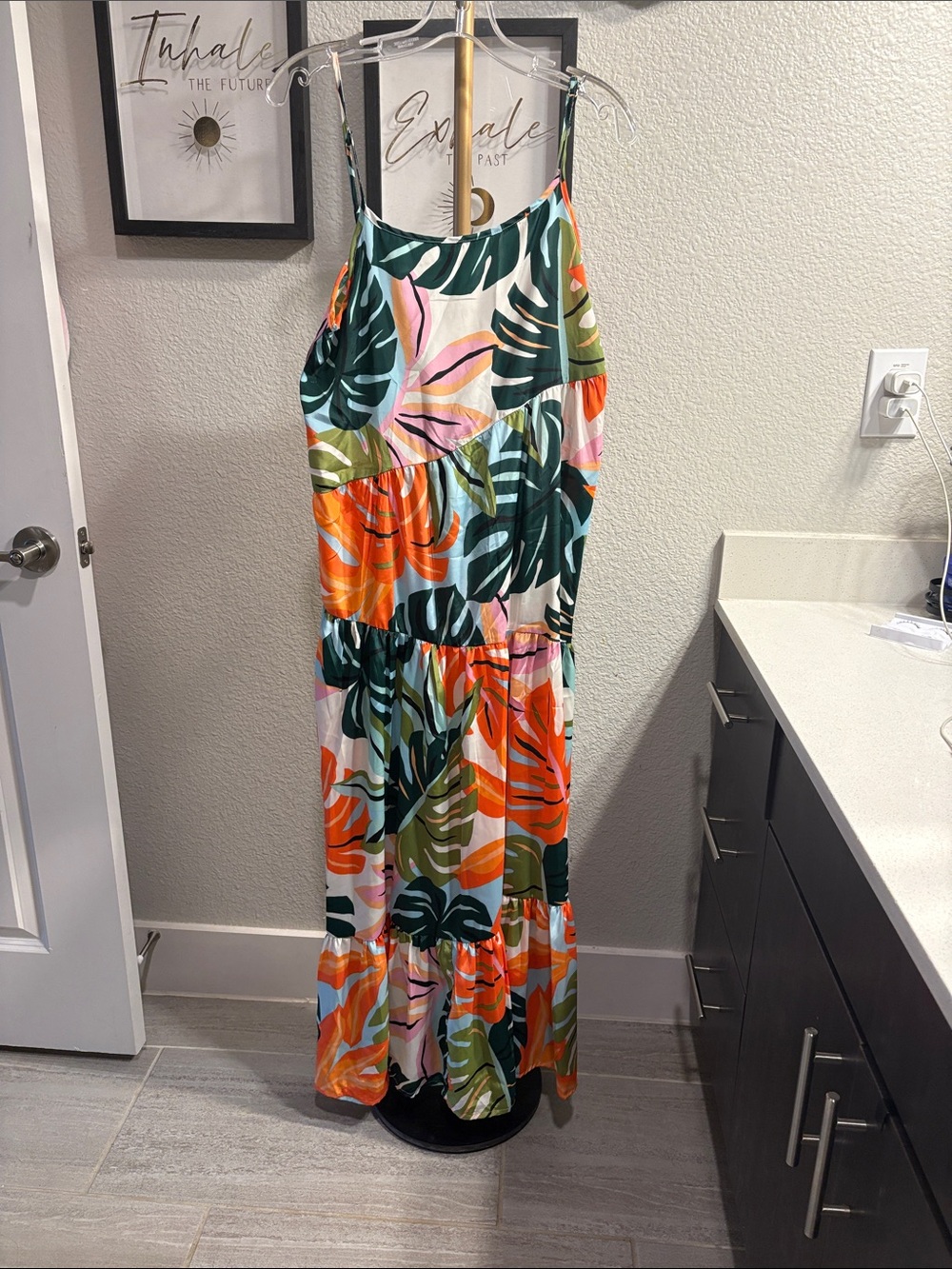 Tropical Leaf Print Women’s Swim Coverup Maxi Dress - Orange & Green